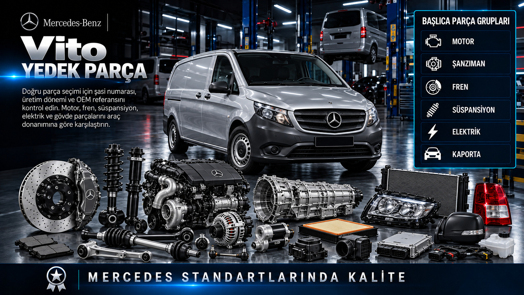 Mercedes Vito motor, aktarma, fren, süspansiyon, sürgülü kapı ve van gövde parçaları