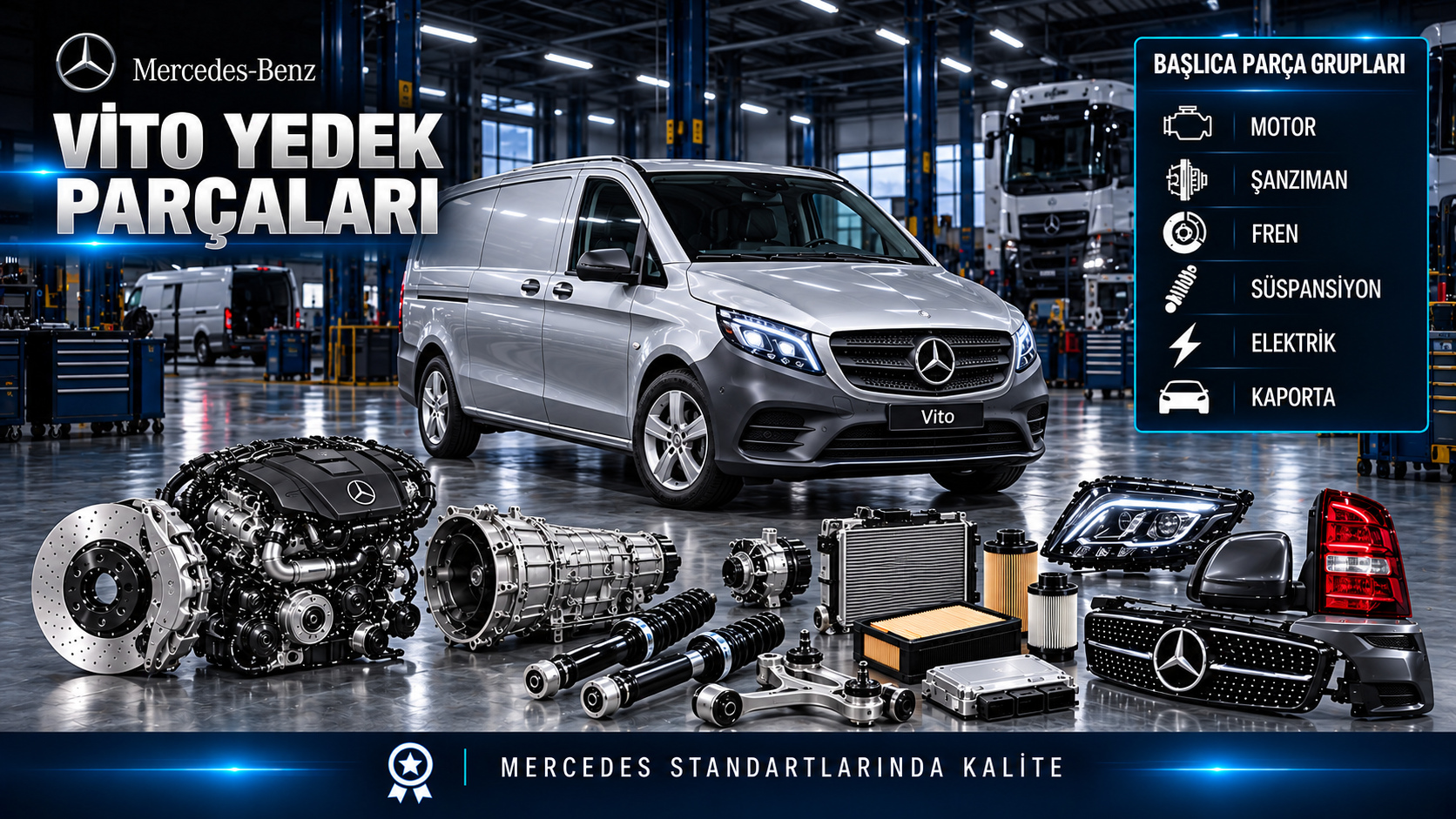 Mercedes Vito için kategoriye uygun tahrik, bakım, fren, süspansiyon ve gövde parçaları