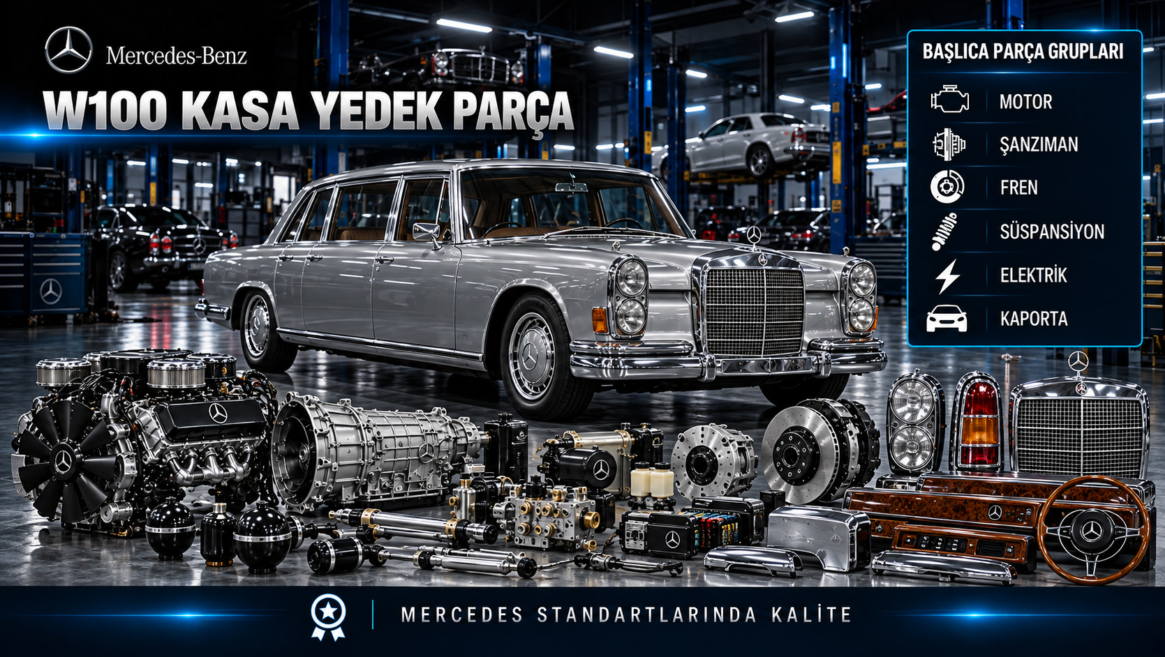 Mercedes W100 klasik 600 motor, bakım, fren, gövde ve özel konfor parçaları