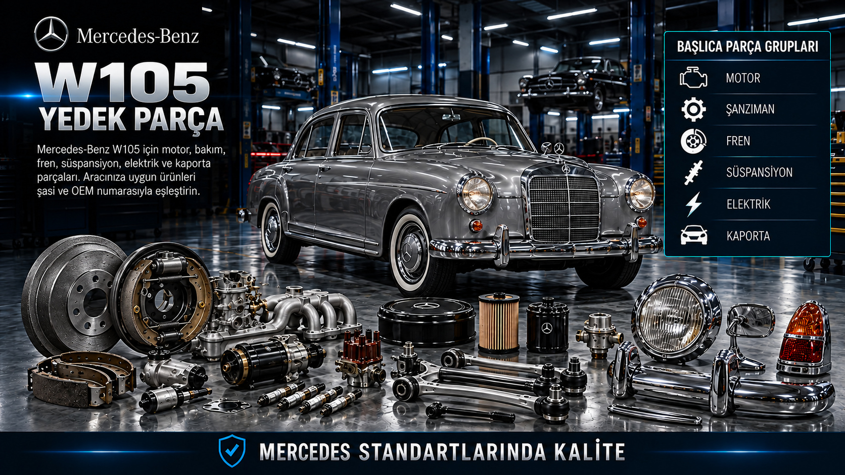 Mercedes-Benz W105 Ponton için klasik motor, fren, süspansiyon ve gövde parçaları