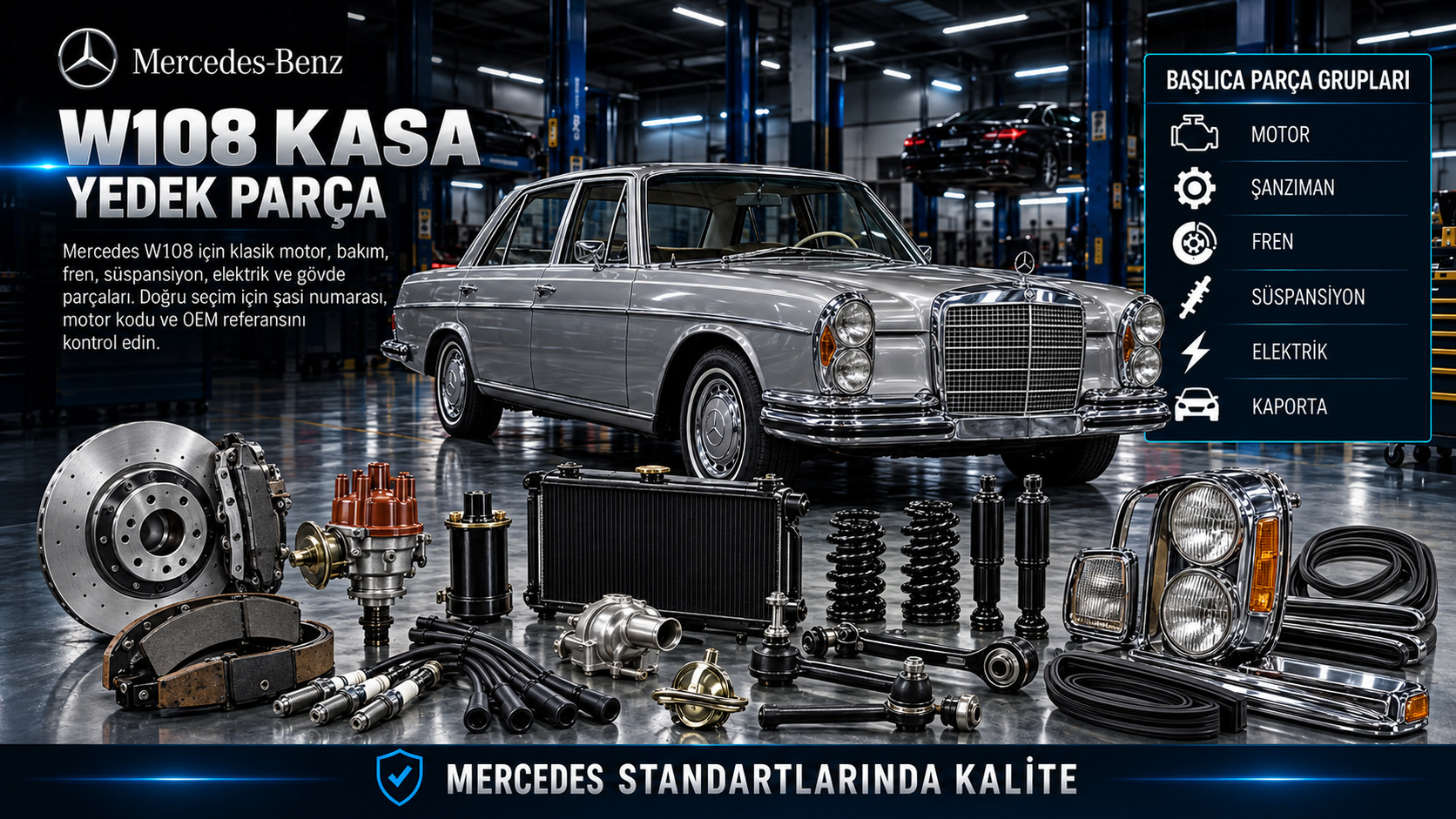 Mercedes W108 klasik sedan için motor, fren, süspansiyon, fitil ve krom gövde parçaları