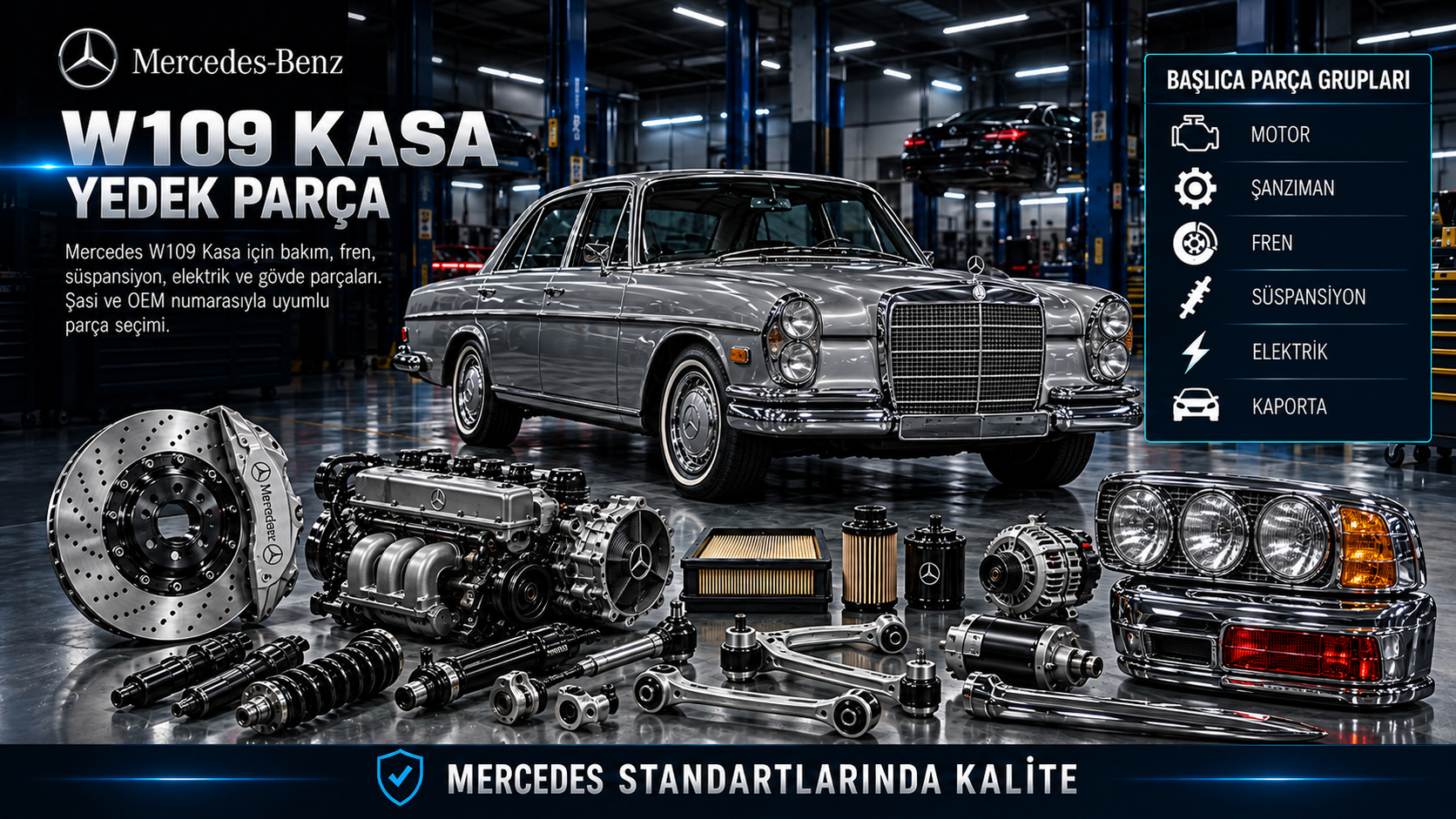 Mercedes W109 klasik kasa motor, yakıt, fren, havalı süspansiyon, krom trim ve restorasyon parçaları