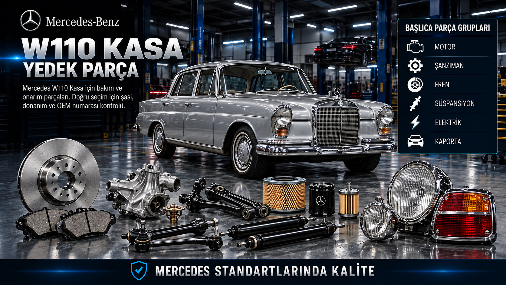 Mercedes W110 klasik kırlangıç kasa motor, yakıt sistemi, fren, süspansiyon ve restorasyon parçaları