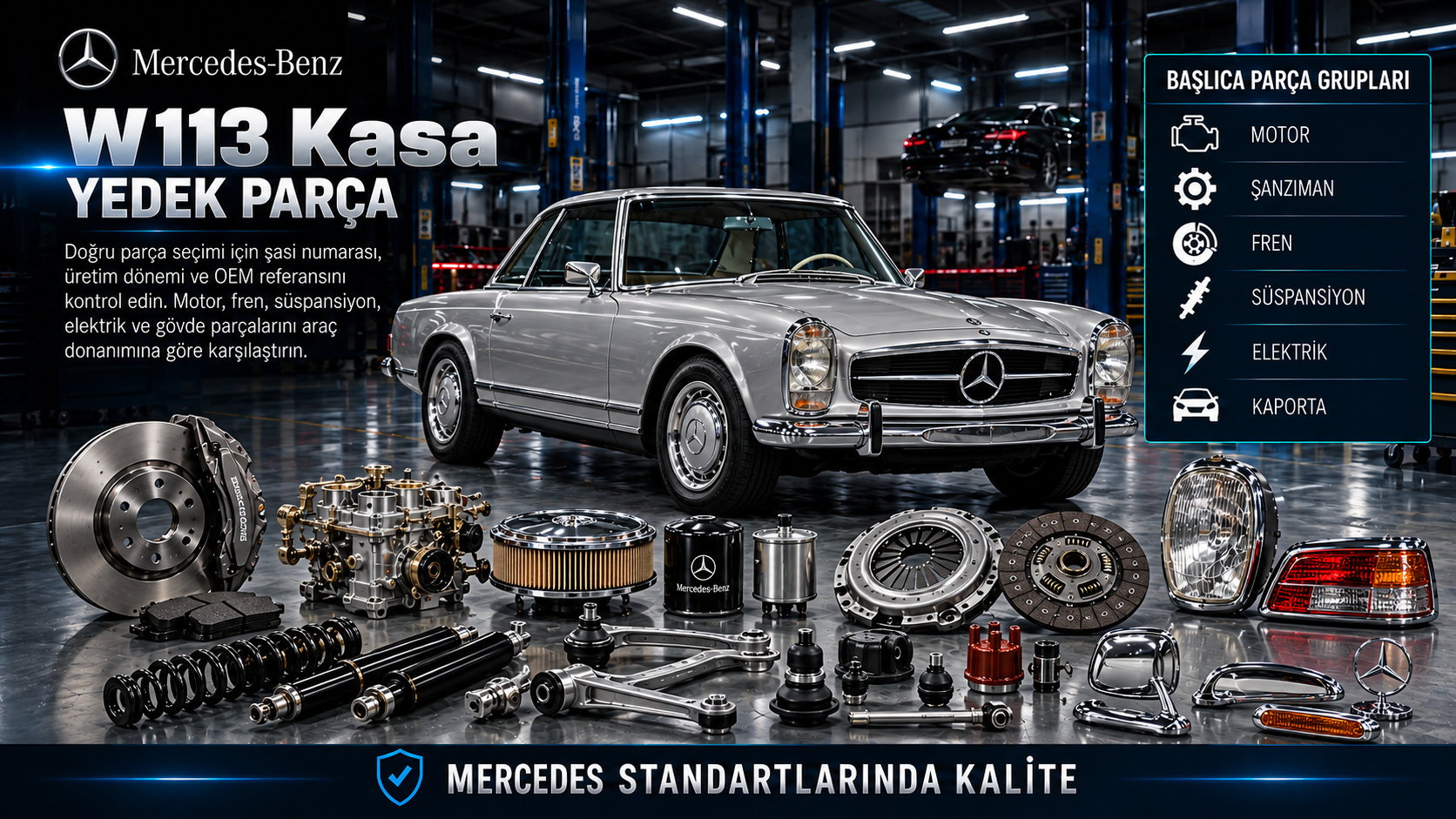 Mercedes W113 Kasa Yedek Parça: araç ve ilgili motor, fren, süspansiyon, elektrik ve gövde parçaları
