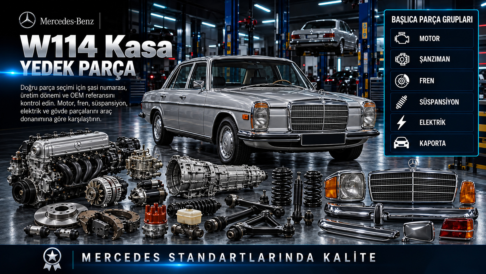 Mercedes W114 Kasa Yedek Parça: motor, aktarma, fren, süspansiyon ve gövde parçaları