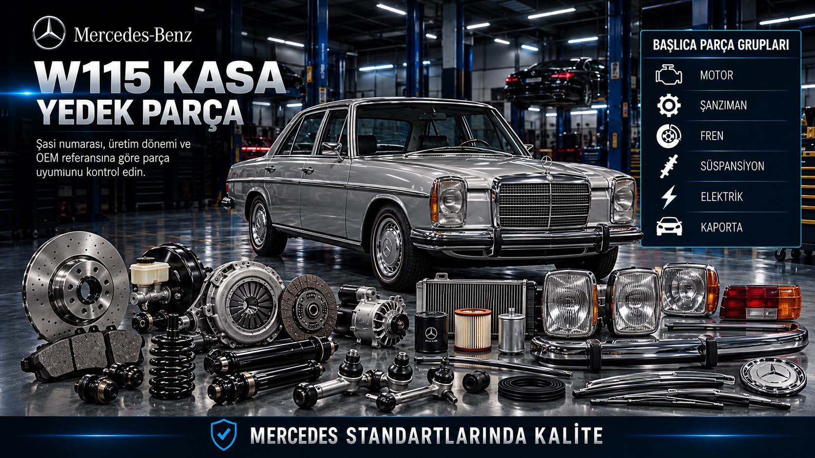 Mercedes W115 klasik motor, yakıt, fren, süspansiyon, krom ve fitil parçaları