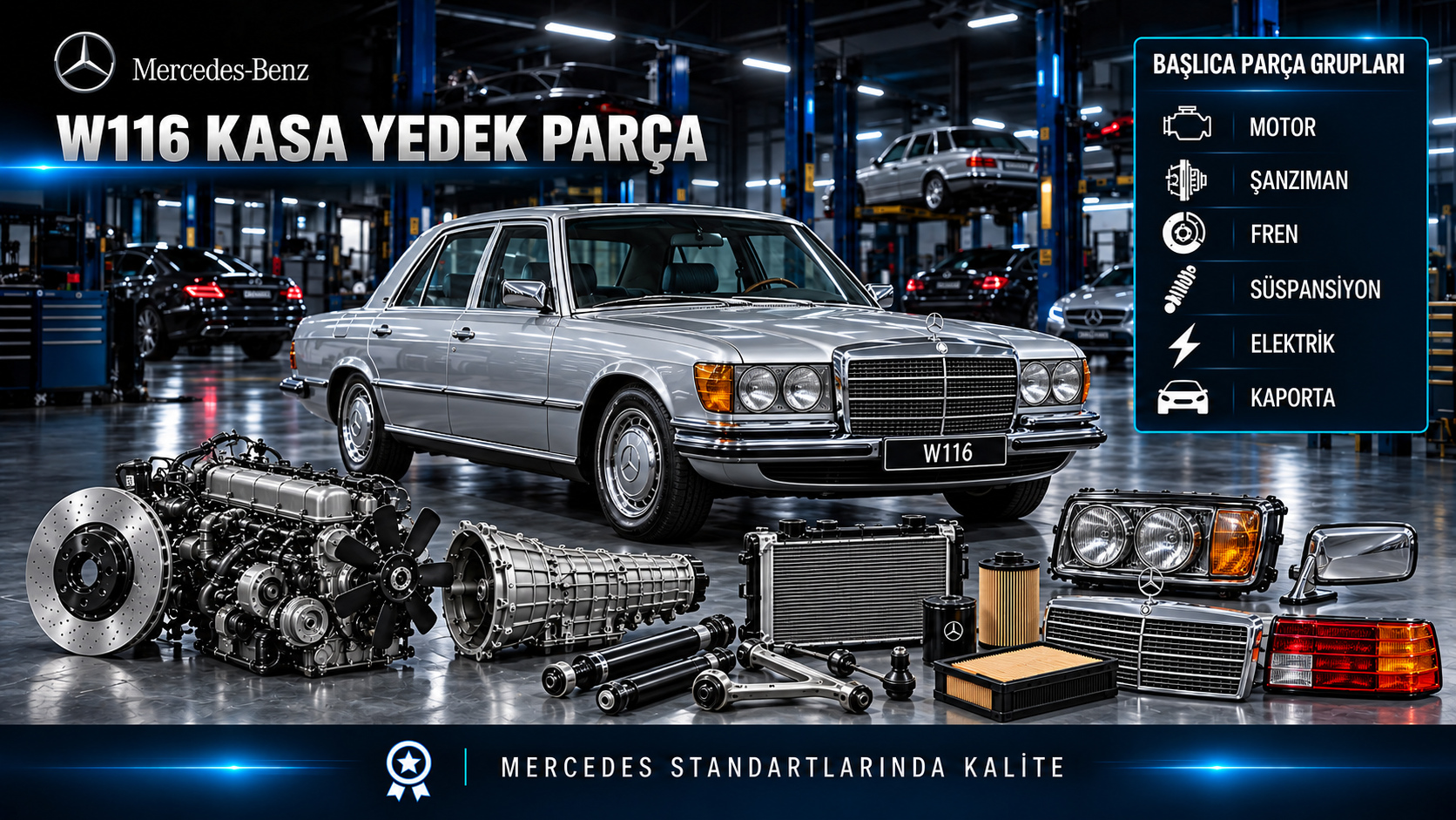 Mercedes S-Serisi W116 klasik motor, bakım, fren, süspansiyon ve konfor parçaları