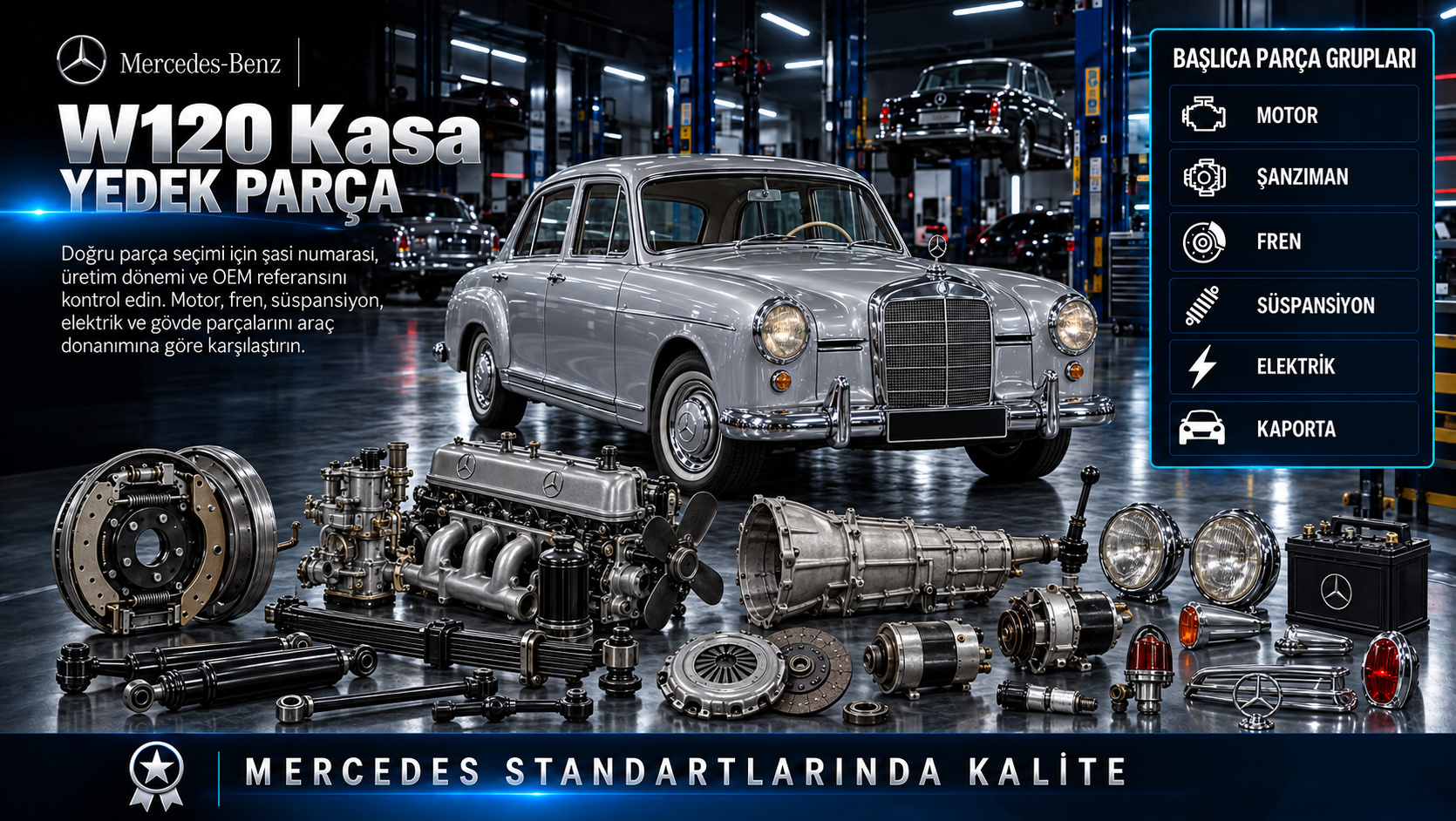 Mercedes W120 Ponton klasik motor, yakıt, fren, fitil ve restorasyon parçaları