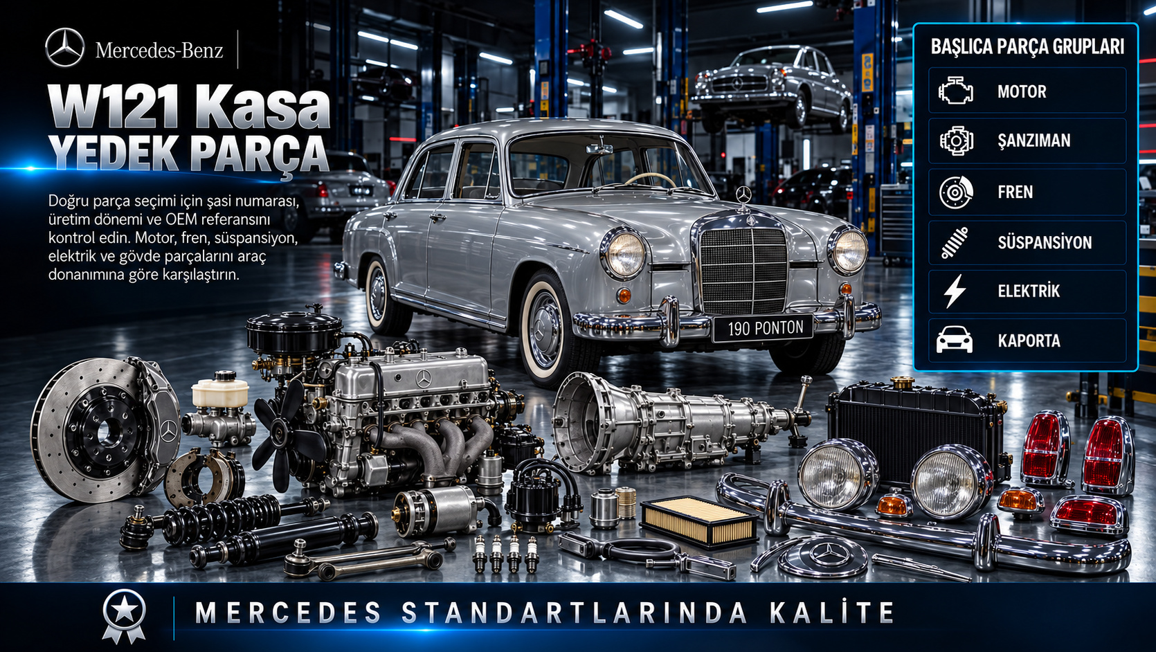Mercedes W121 Ponton klasik sedan motor, fren, soğutma ve restorasyon parçaları