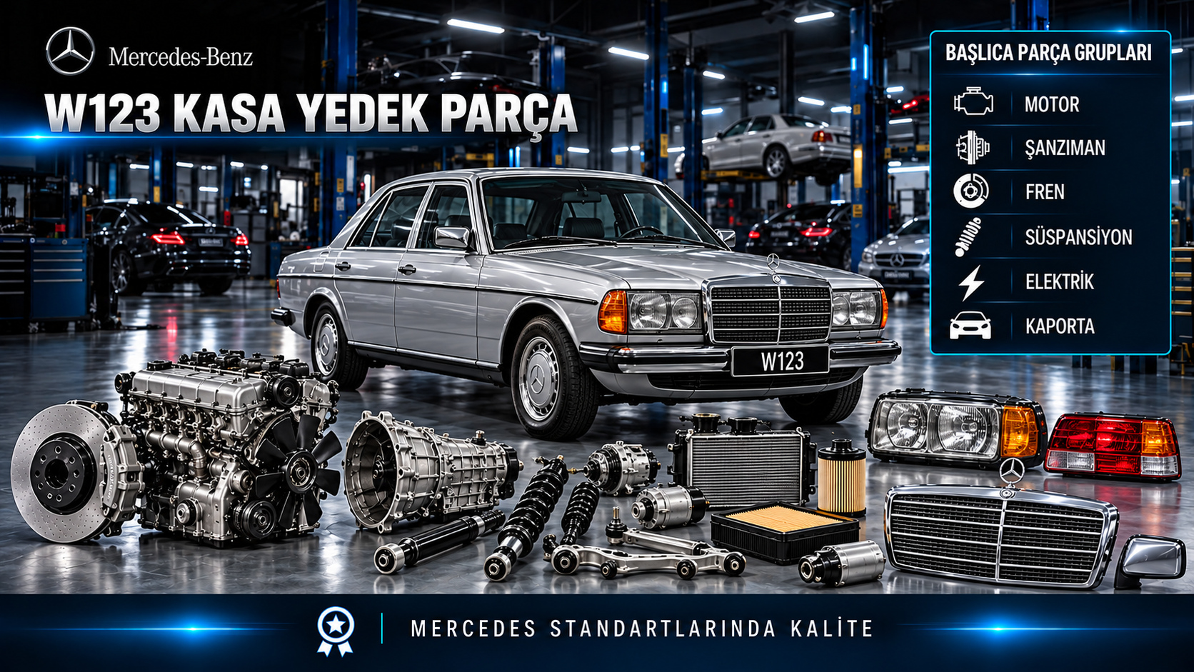 Mercedes W123 klasik sedan motor, bakım, yakıt, fren, direksiyon ve gövde parçaları