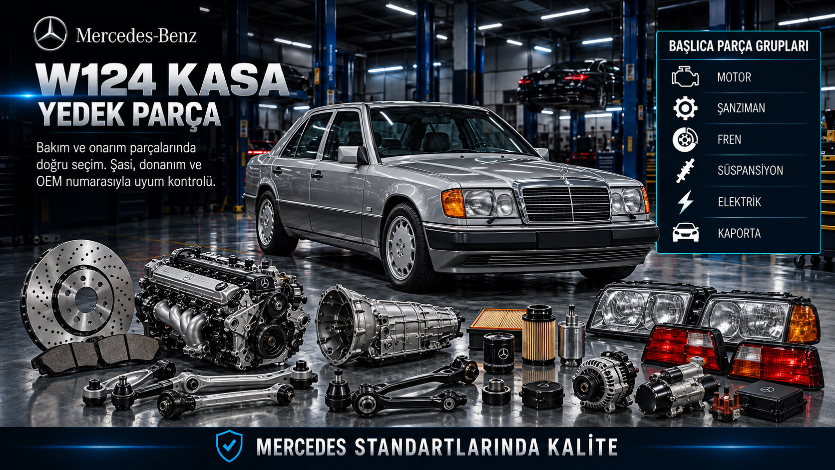 Mercedes W124 sedan motor, yakıt, şanzıman, fren, süspansiyon, kaporta ve restorasyon parçaları