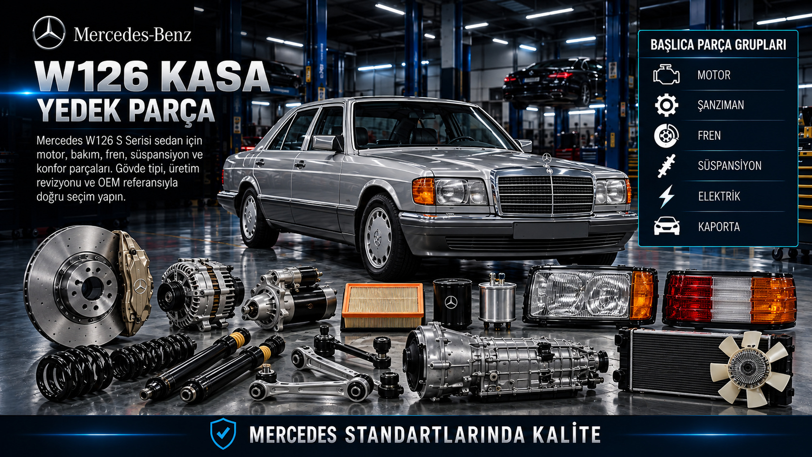 Mercedes W126 S Serisi sedan için motor, fren, süspansiyon, elektrik ve konfor parçaları