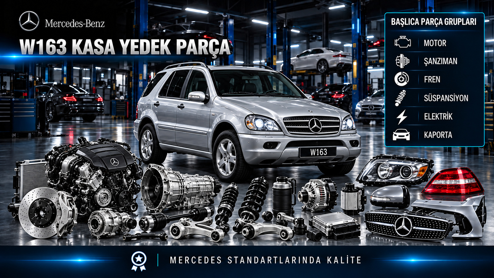 Mercedes ML W163 motor, bakım, fren, süspansiyon ve kaporta yedek parçaları