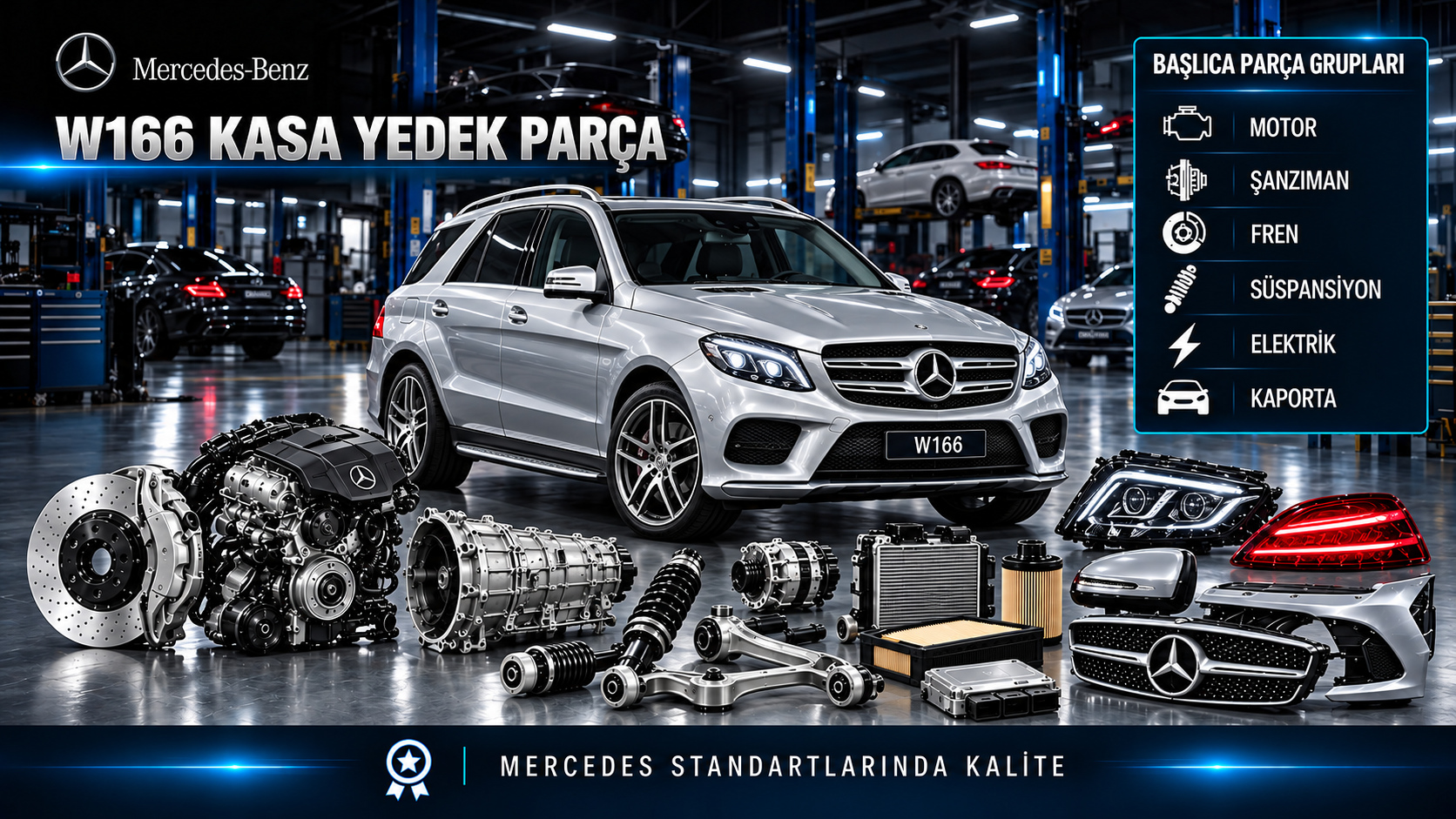 Mercedes GLE ML W166 motor, bakım, fren, süspansiyon, aktarma ve SUV gövde parçaları