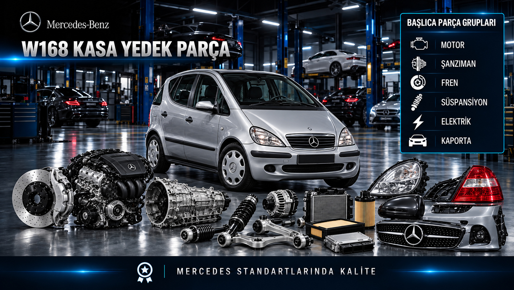 Mercedes A-Serisi W168 motor, bakım, fren, süspansiyon, aktarma ve kompakt gövde parçaları