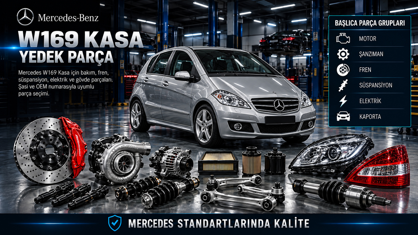 Mercedes W169 A Serisi motor, bakım filtreleri, şanzıman, aks, fren, süspansiyon ve kaporta yedek parçaları