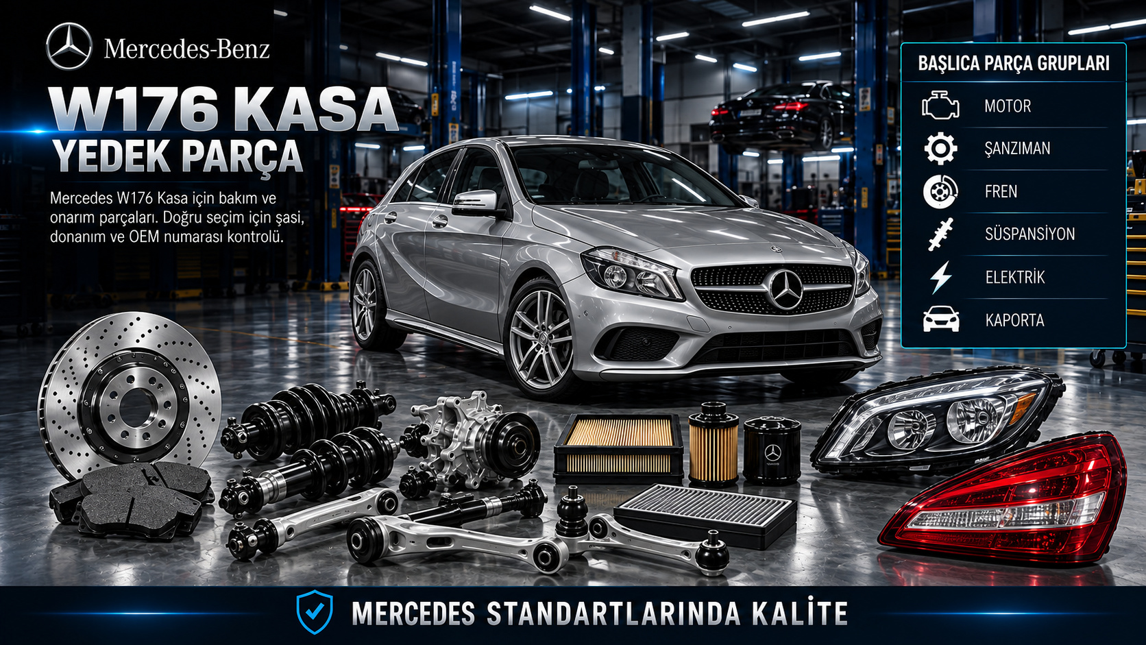 Mercedes W176 A Serisi hatchback motor, şanzıman, fren, ön takım ve gövde parçaları