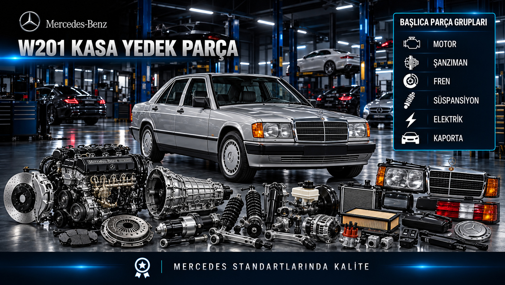 Mercedes 190 W201 motor, bakım, yakıt, fren, süspansiyon ve sedan gövde parçaları