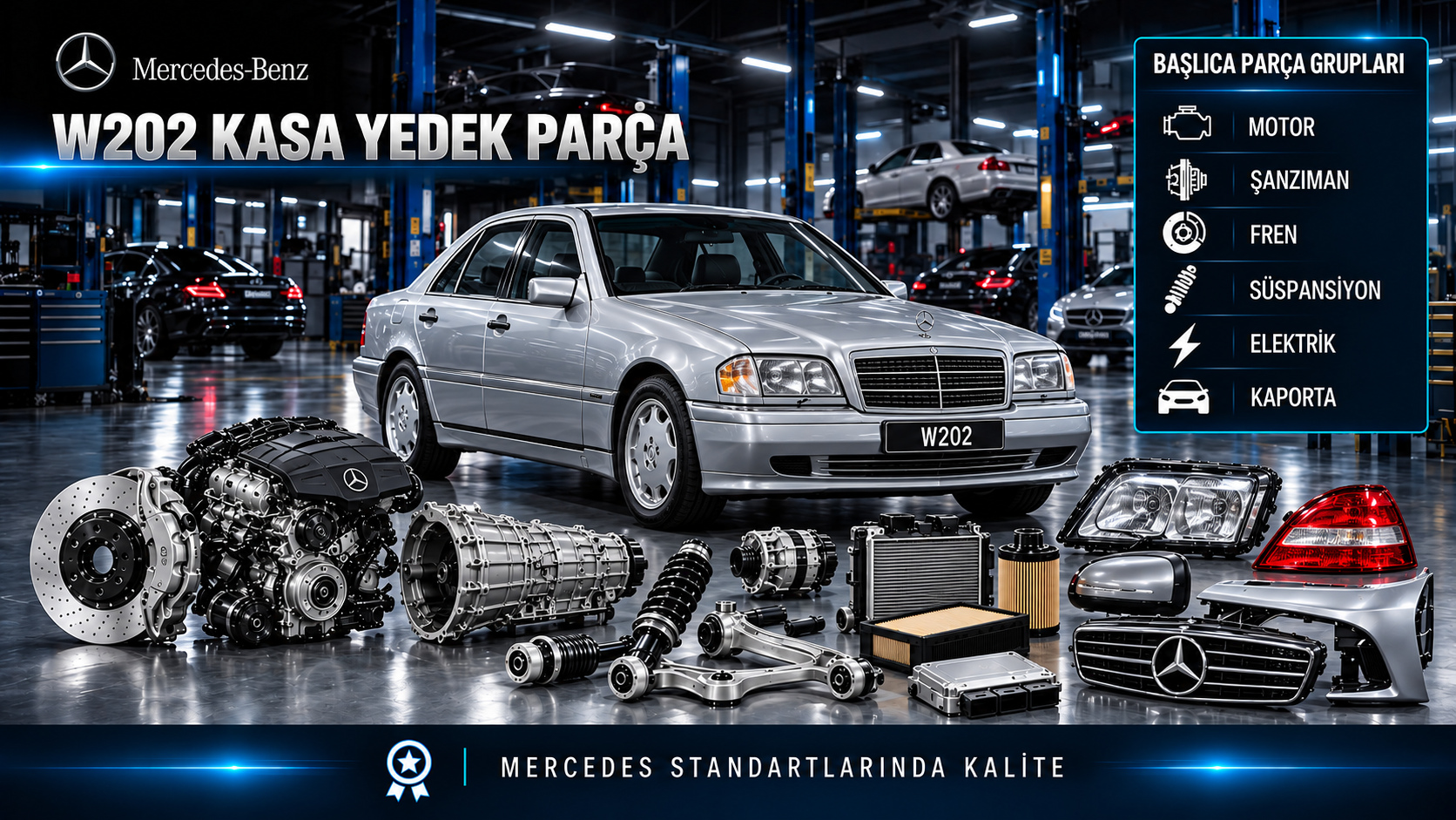Mercedes C-Serisi W202 motor, bakım, fren, süspansiyon ve sedan gövde parçaları