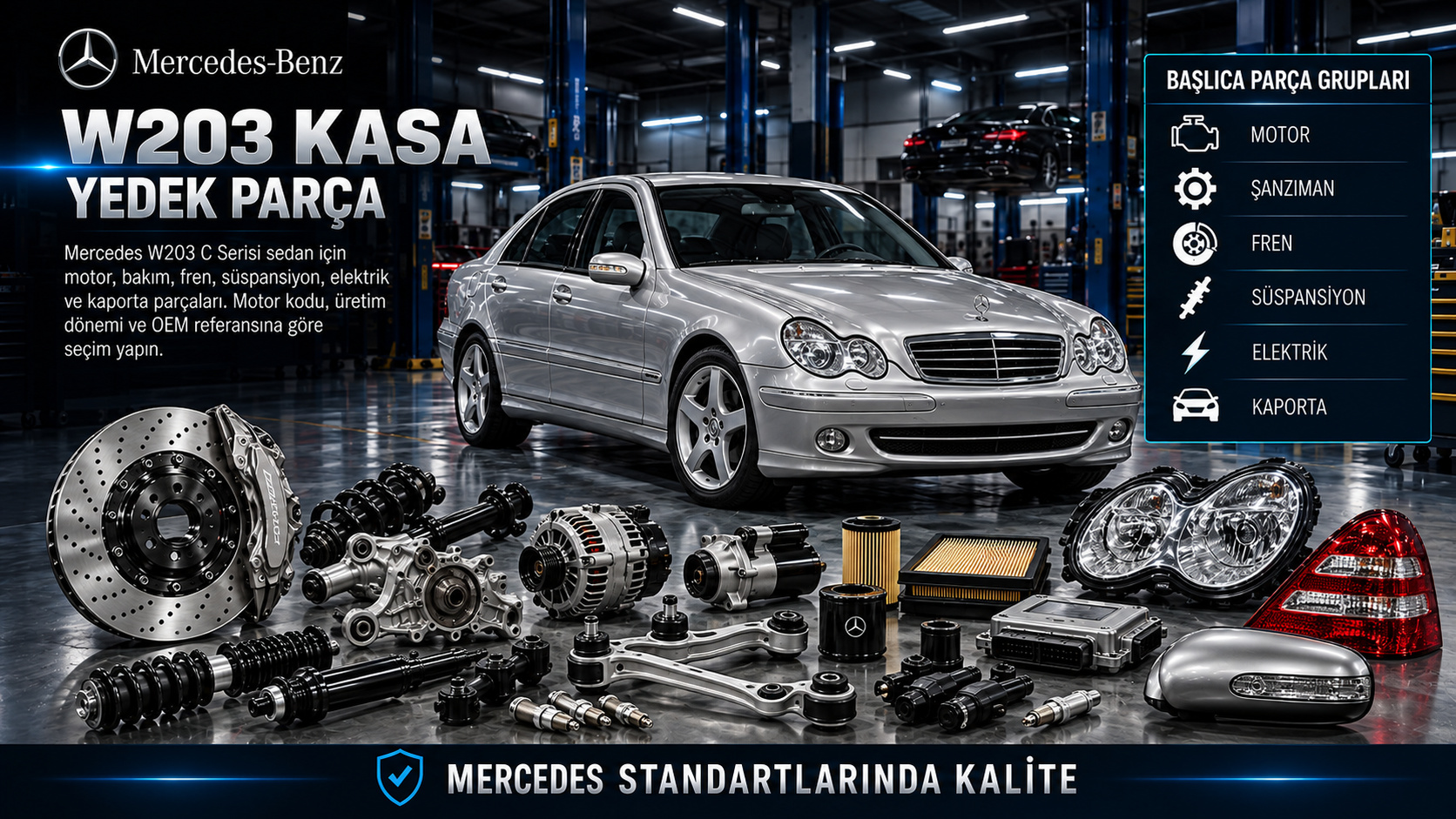 Mercedes W203 C Serisi sedan için motor, bakım, fren, süspansiyon ve kaporta parçaları