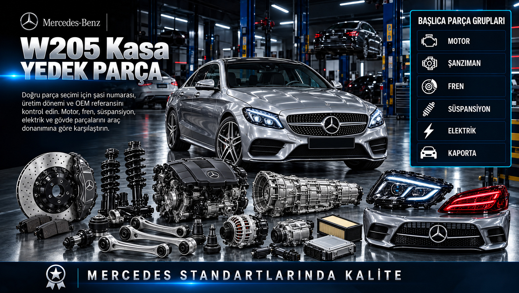 Mercedes W205 Kasa Yedek Parça: motor, aktarma, fren, süspansiyon ve gövde parçaları