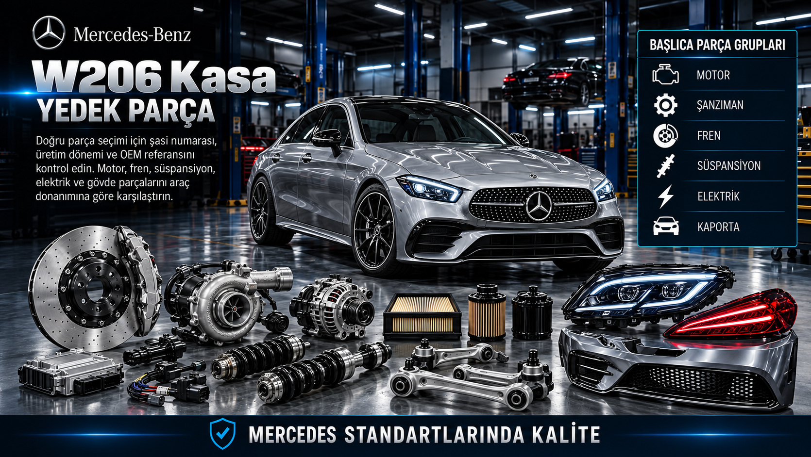 Mercedes W206 C Serisi sedan motor, termal yönetim, fren ve elektronik parçaları