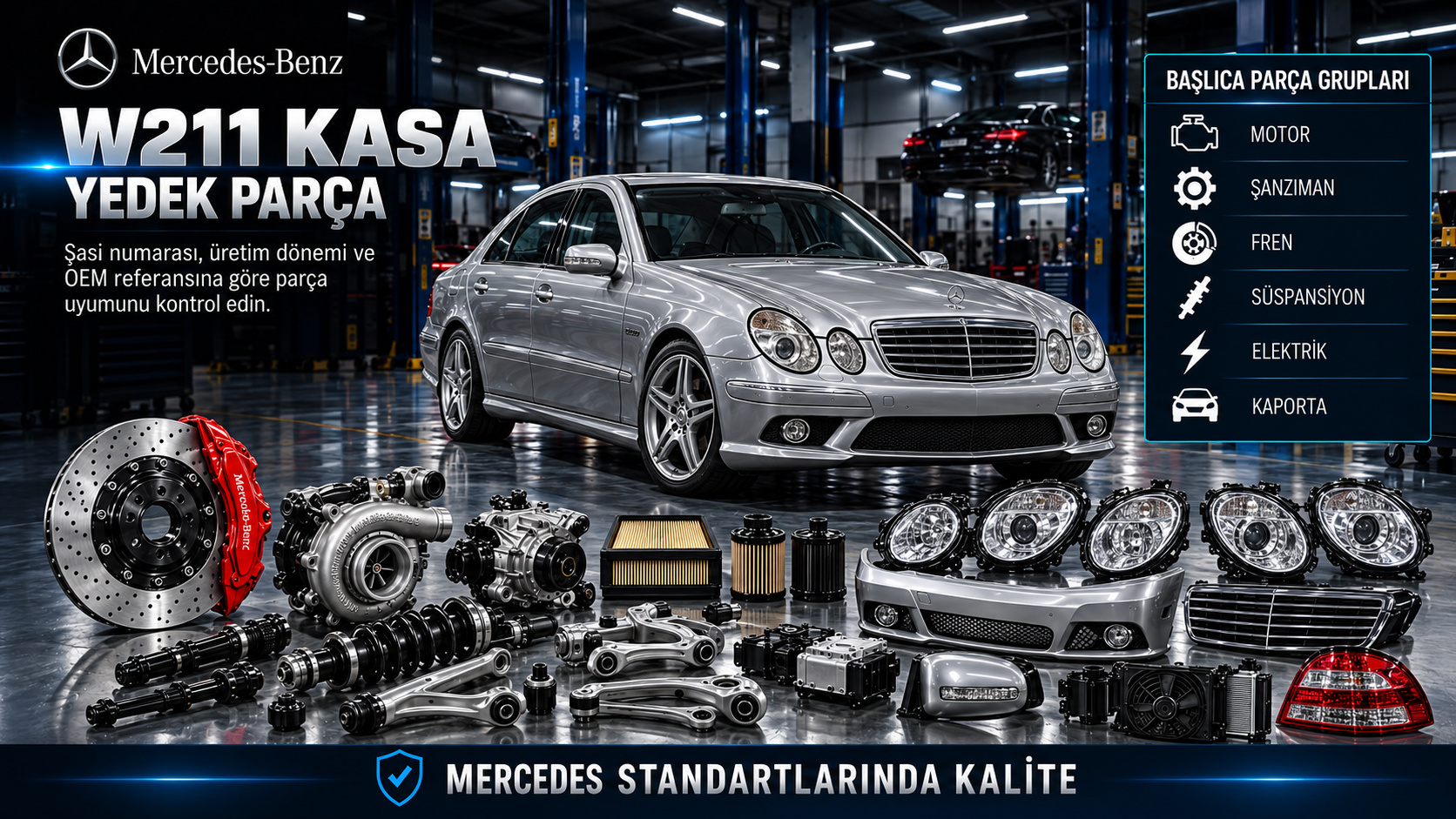 Mercedes W211 E Serisi sedan motor, fren, süspansiyon, far ve gövde parçaları