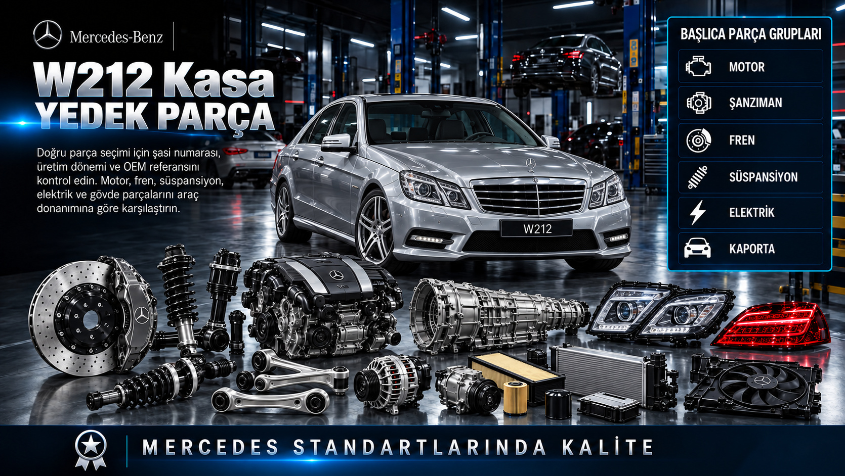 Mercedes W212 E Serisi sedan motor, şanzıman, fren, far ve gövde parçaları
