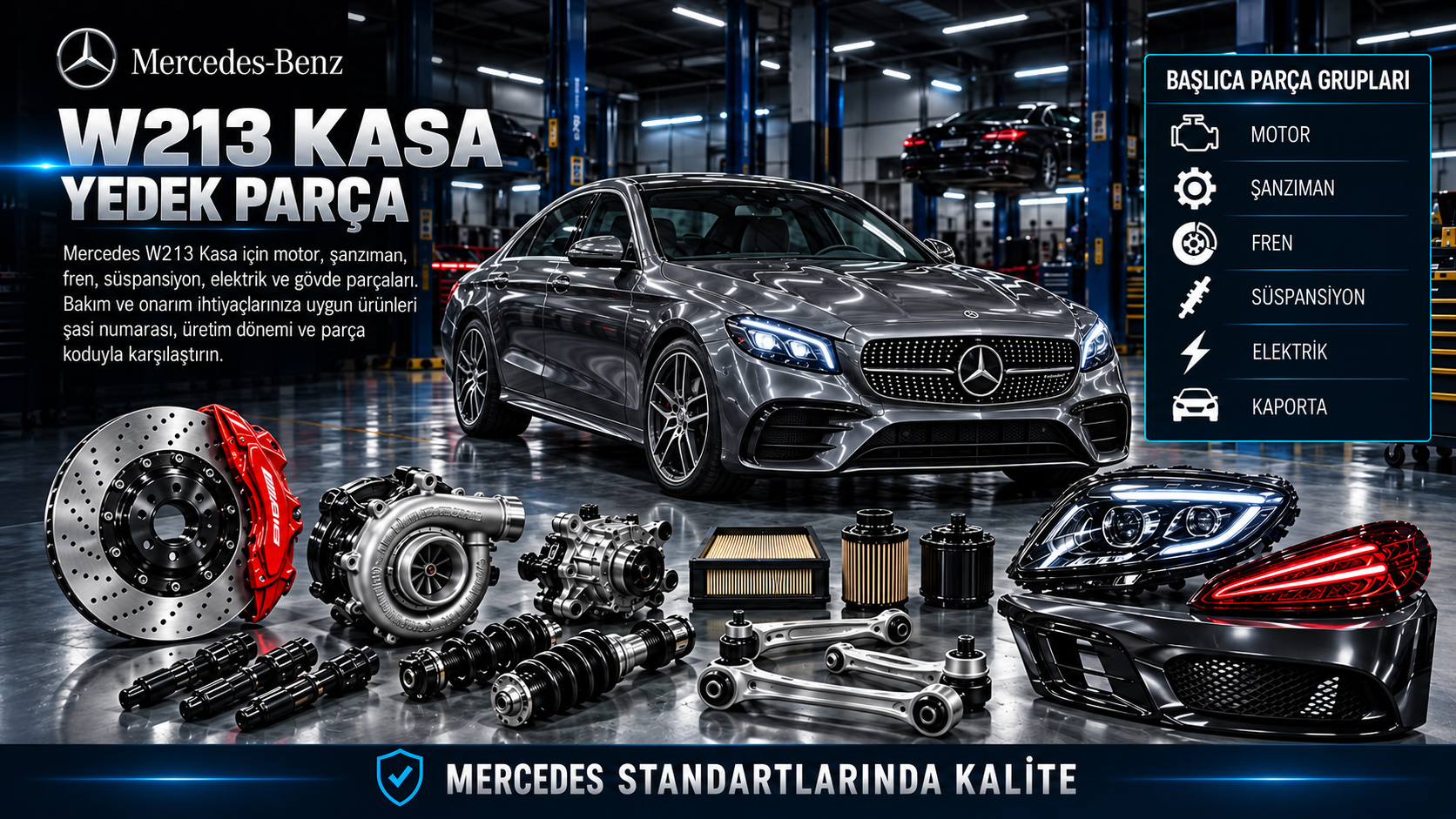 Mercedes W213 E Serisi sedan motor, fren, süspansiyon, aydınlatma ve gövde parçaları