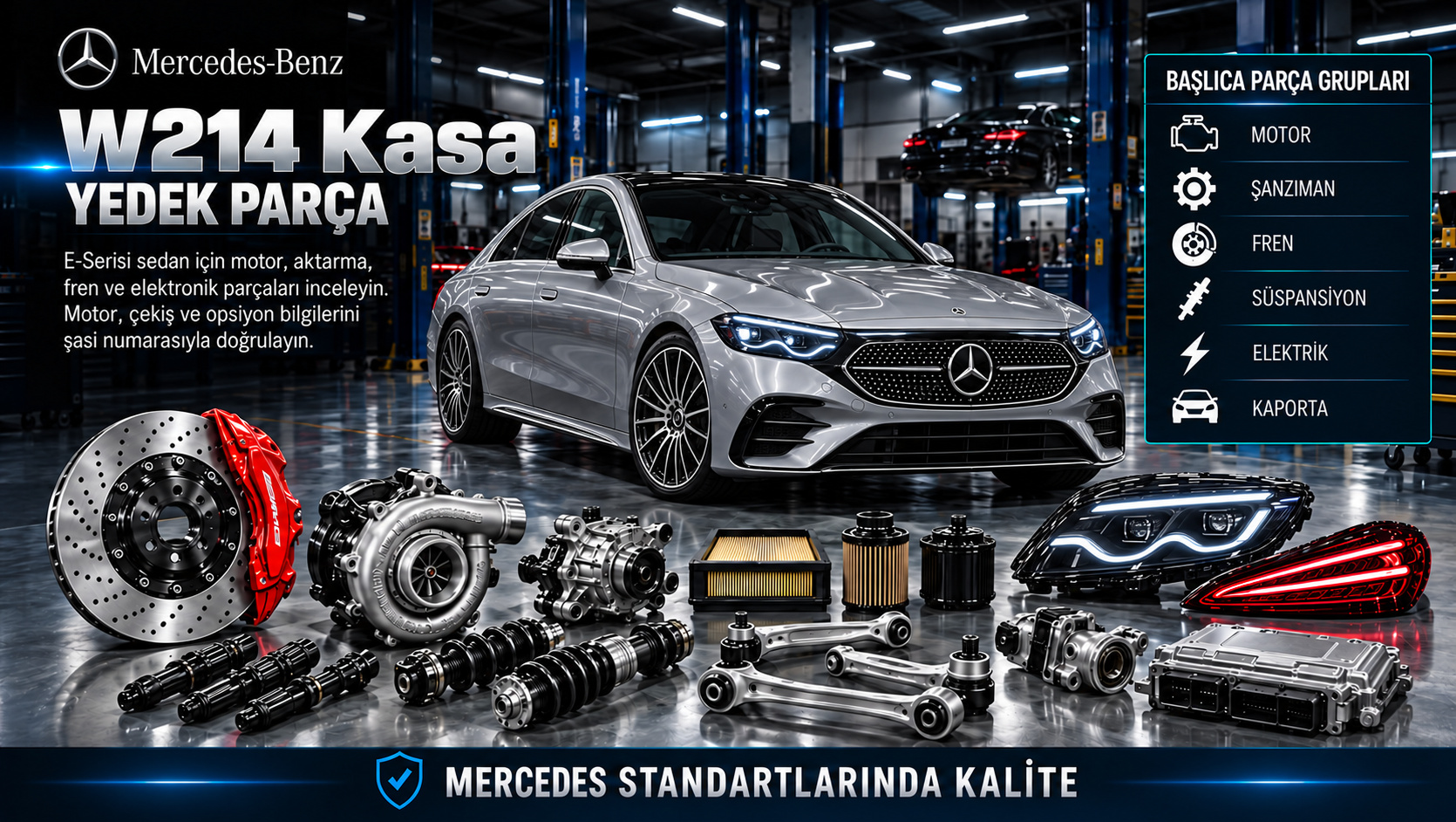 Mercedes W214 Kasa Yedek Parça: motor, aktarma, fren, süspansiyon ve gövde parçaları