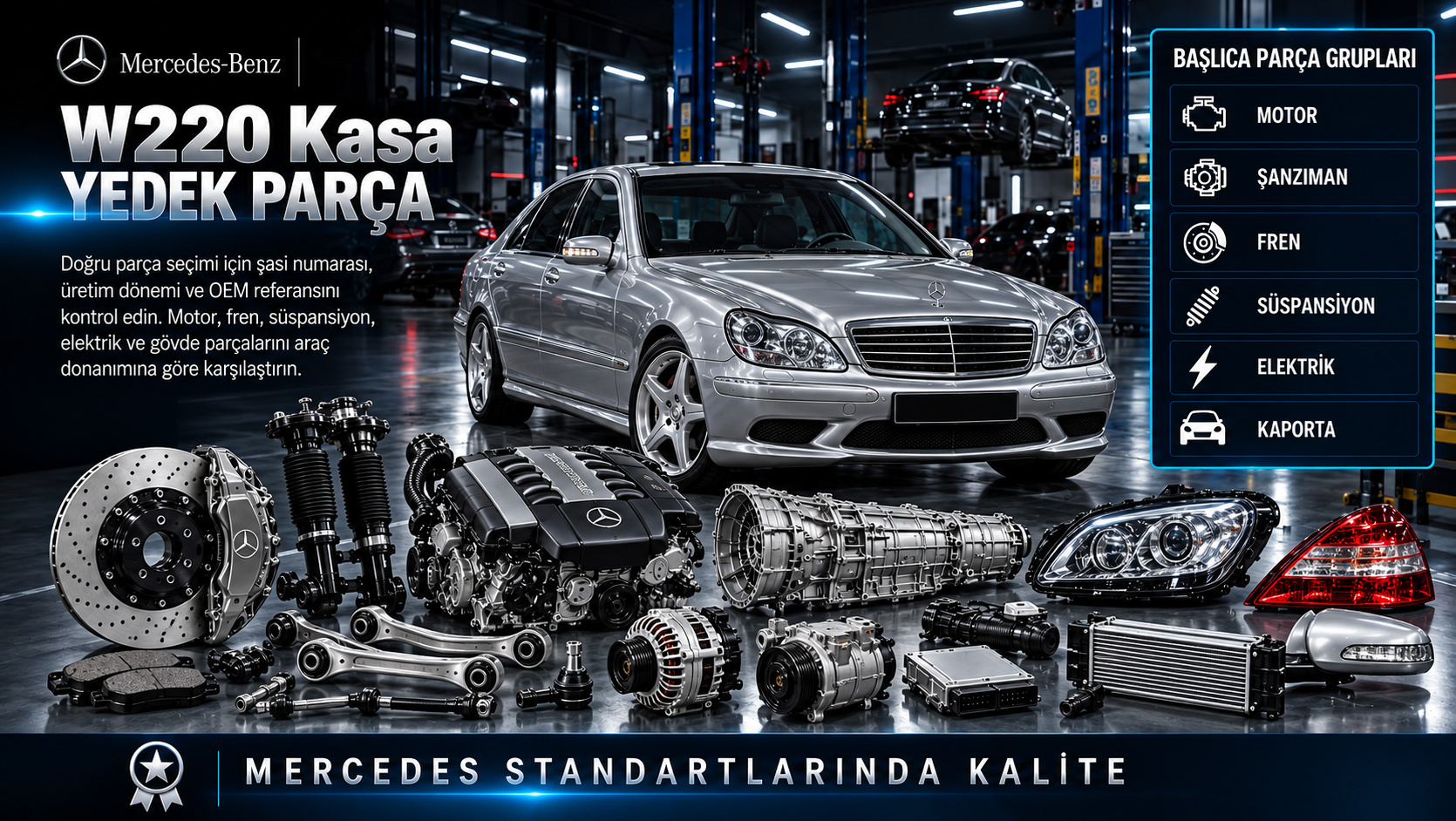Mercedes W220 Kasa Yedek Parça: motor, aktarma, fren, süspansiyon ve gövde parçaları