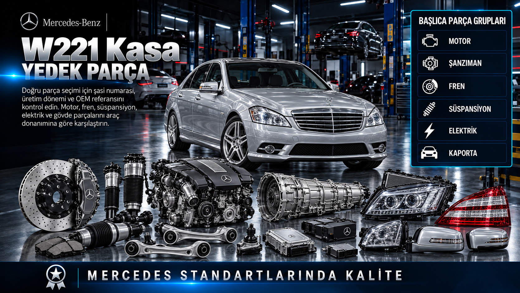 Mercedes W221 S Serisi motor, konfor süspansiyonu, elektronik ve gövde parçaları