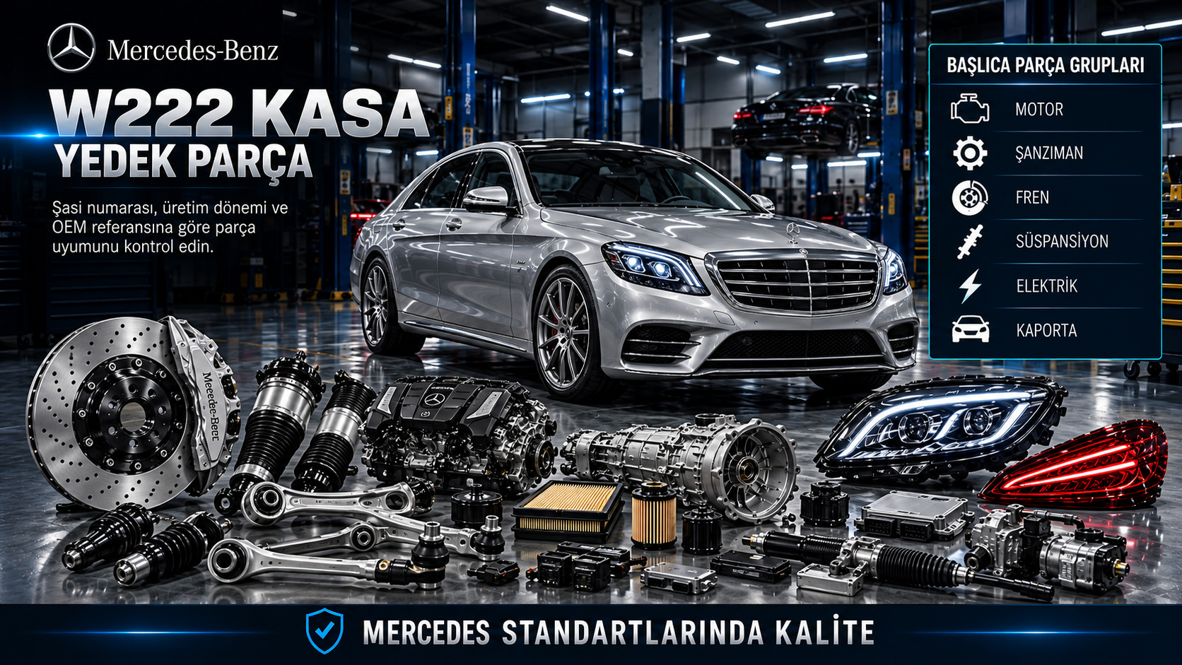 Mercedes W222 S Serisi motor, şanzıman, kontrollü süspansiyon, fren ve elektronik parçaları