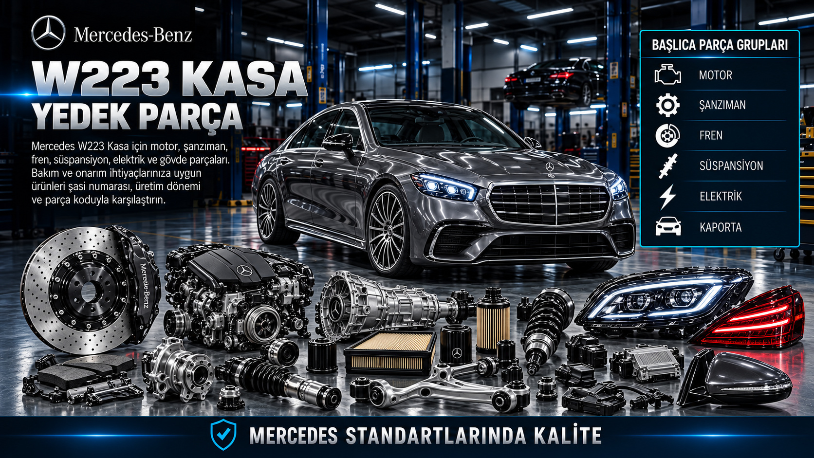 Mercedes W223 S Serisi sedan motor, fren, süspansiyon, elektrik ve gövde parçaları