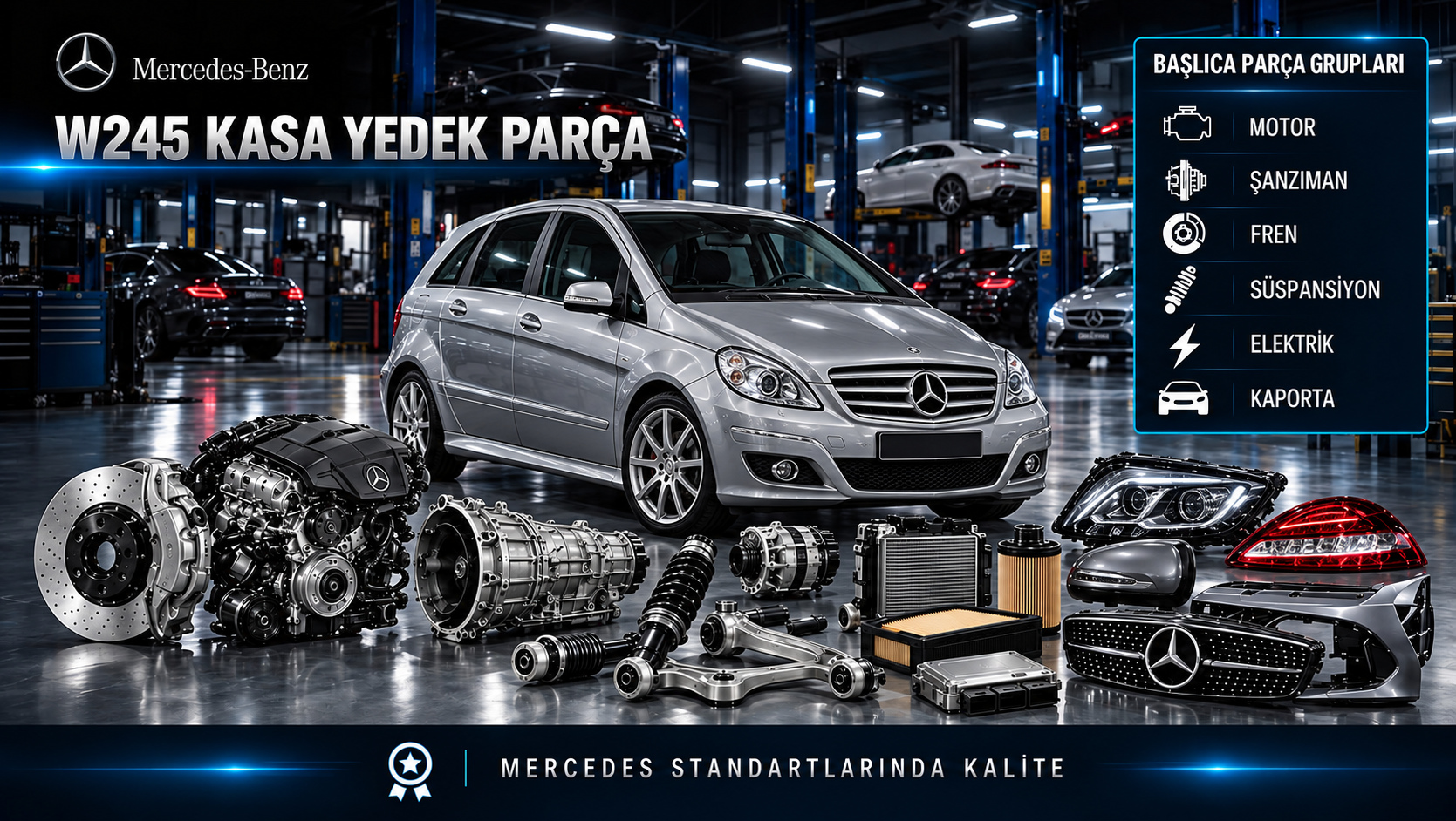Mercedes B-Serisi W245 motor, bakım, fren, süspansiyon, klima ve kompakt gövde parçaları