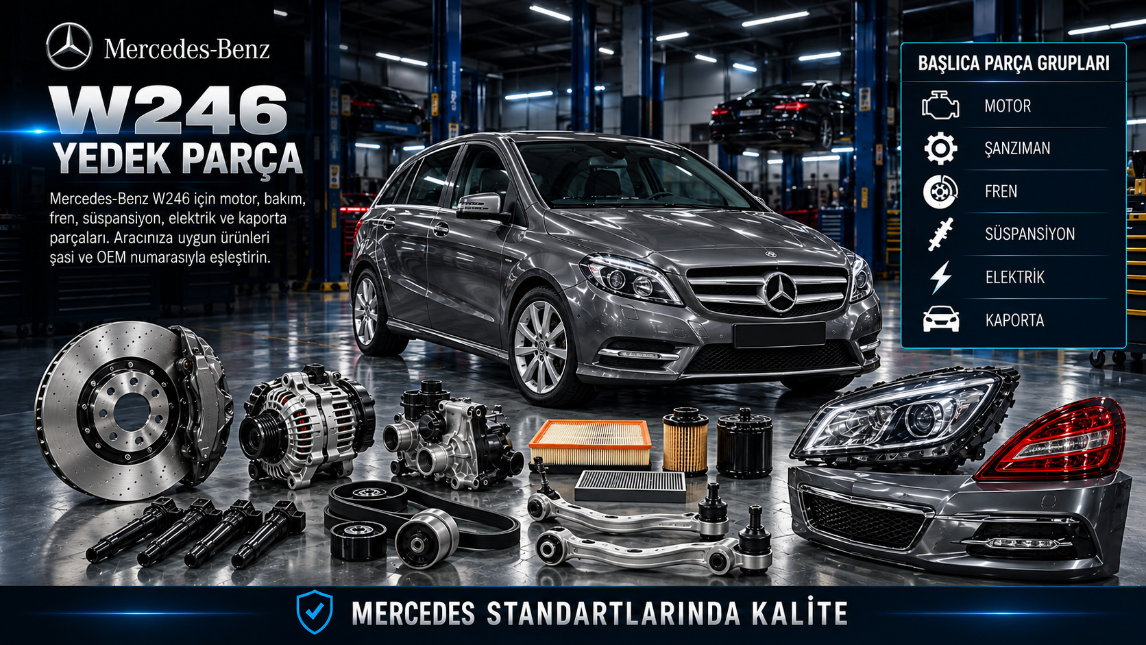Mercedes-Benz W246 B-Serisi için motor, bakım, fren, süspansiyon ve kaporta parçaları