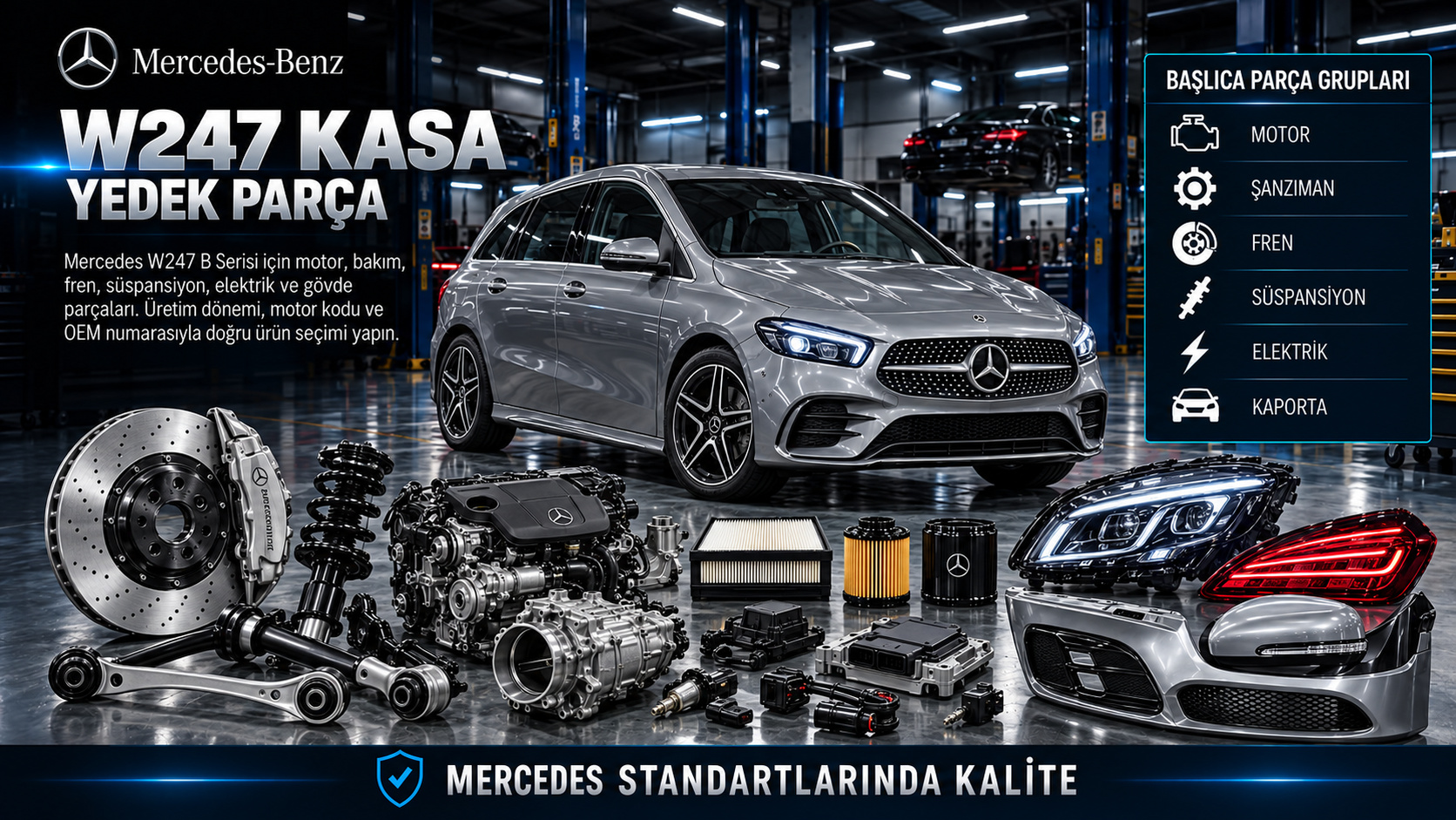 Mercedes W247 B Serisi için motor, fren, süspansiyon, elektrik ve gövde parçaları
