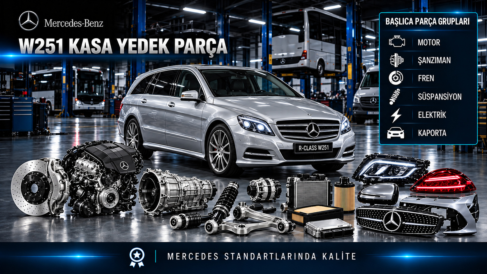 Mercedes R-Serisi W251 motor, şanzıman, süspansiyon, konfor ve minivan gövde parçaları