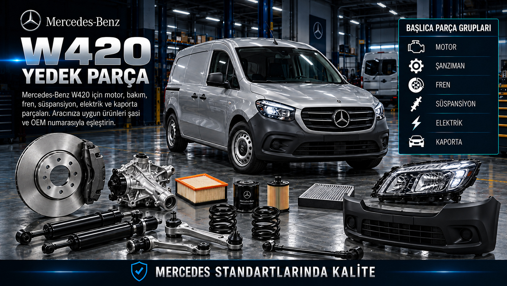 Mercedes-Benz W420 Citan ve T-Serisi için bakım, fren, süspansiyon, kapı ve gövde parçaları
