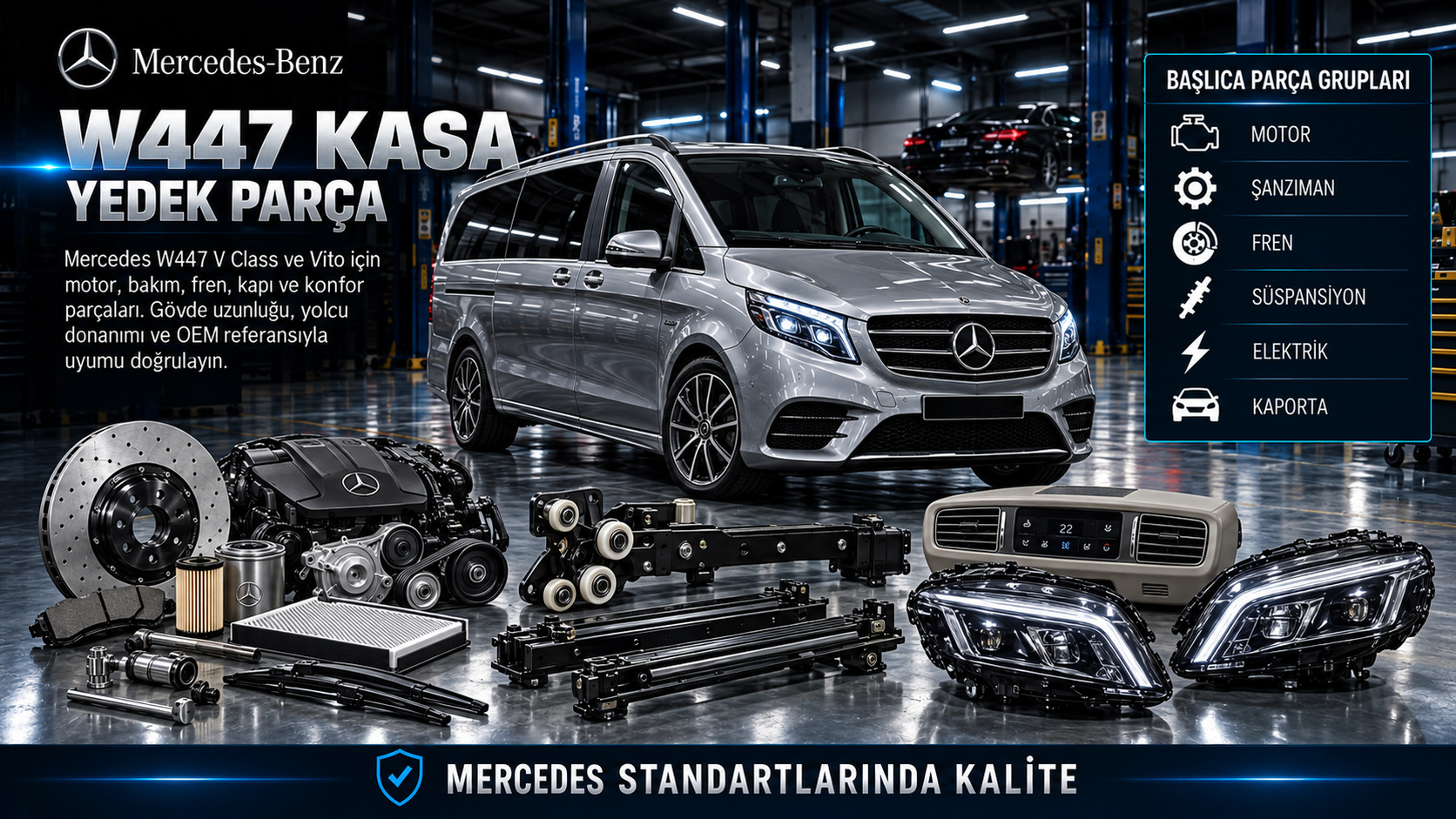 Mercedes W447 V Class ve Vito için motor, fren, sürgülü kapı, koltuk rayı ve konfor parçaları