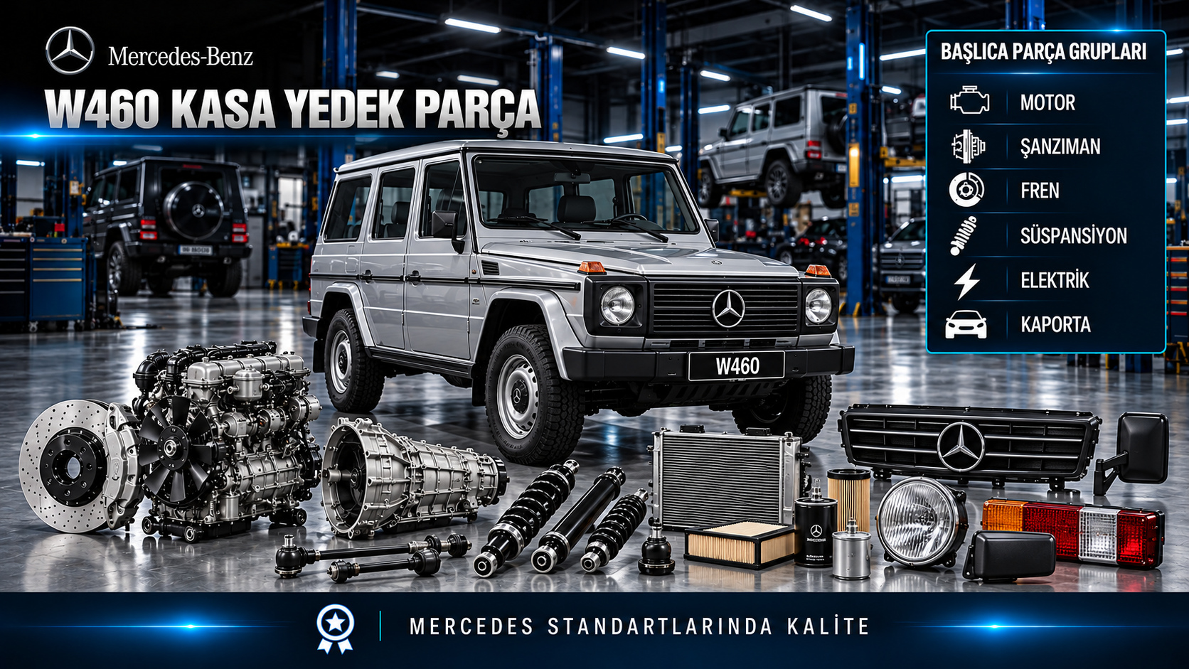 Mercedes G-Serisi W460 motor, bakım, arazi aktarması, fren, süspansiyon ve gövde parçaları
