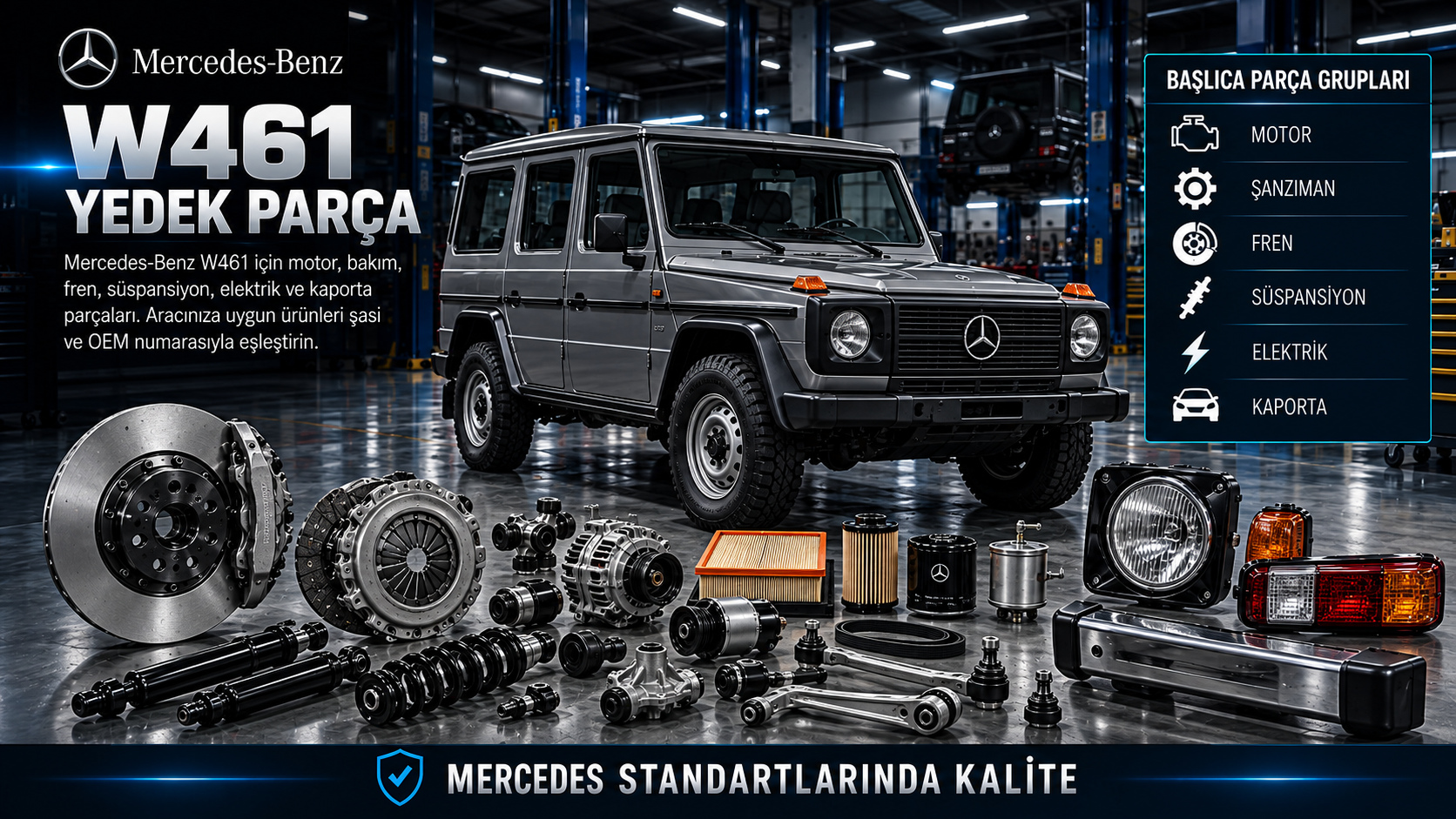 Mercedes-Benz W461 G-Serisi için motor, arazi aktarma, fren, süspansiyon ve gövde parçaları