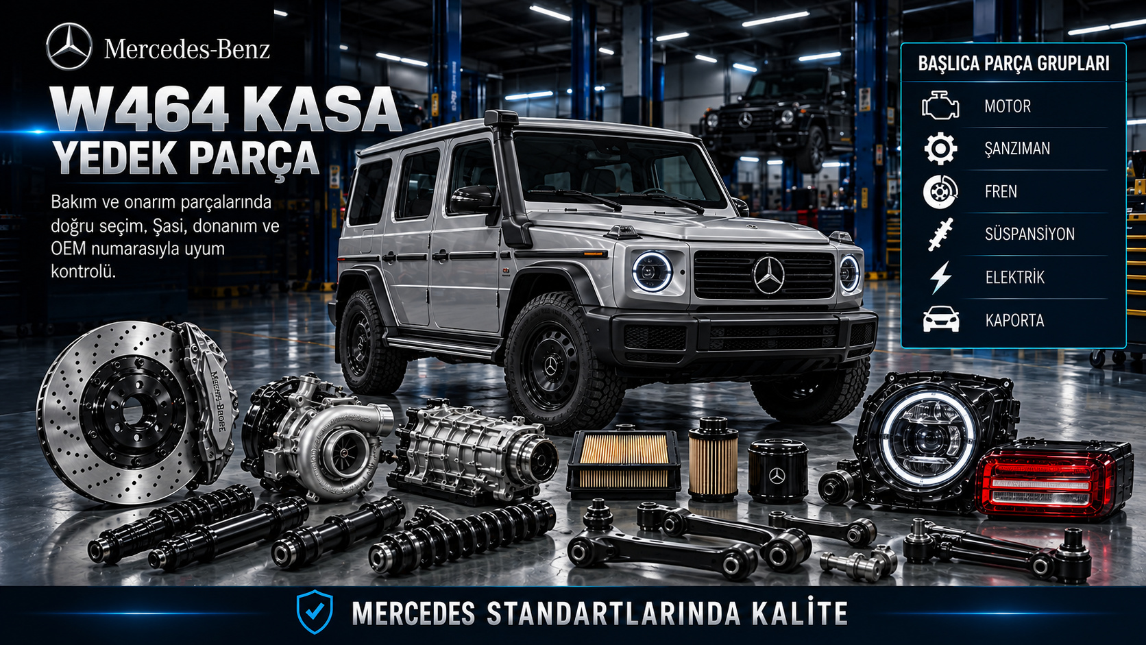 Mercedes W464 profesyonel G Serisi motor, aktarma, fren, süspansiyon, elektrik ve arazi gövde parçaları