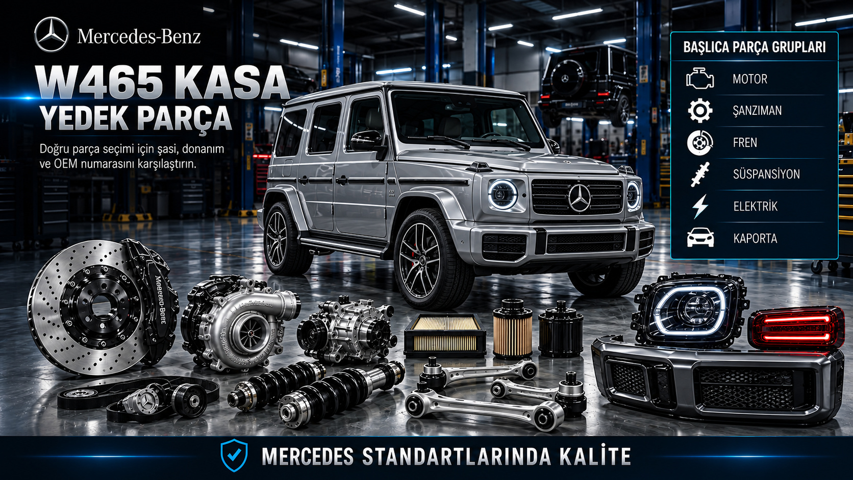 Mercedes W465 G Serisi motor, aktarma, fren, süspansiyon ve gövde parçaları