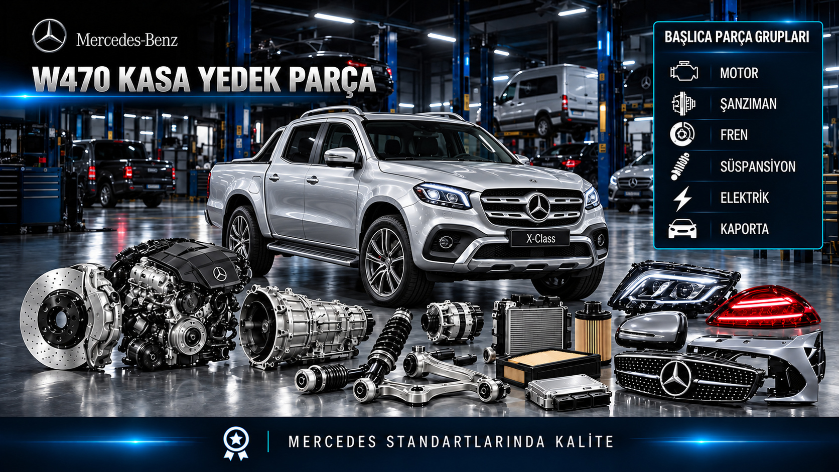 Mercedes X-Serisi W470 pickup motor, fren, süspansiyon, aktarma ve arka kasa parçaları