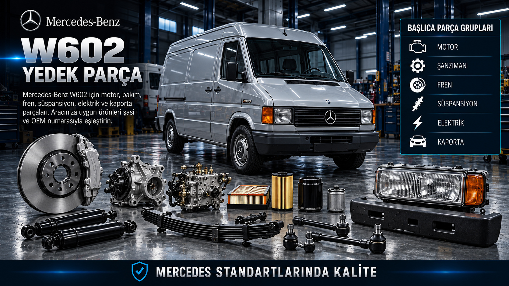 Mercedes-Benz W602 TN T1 için motor, bakım, fren, aktarma ve klasik ticari gövde parçaları