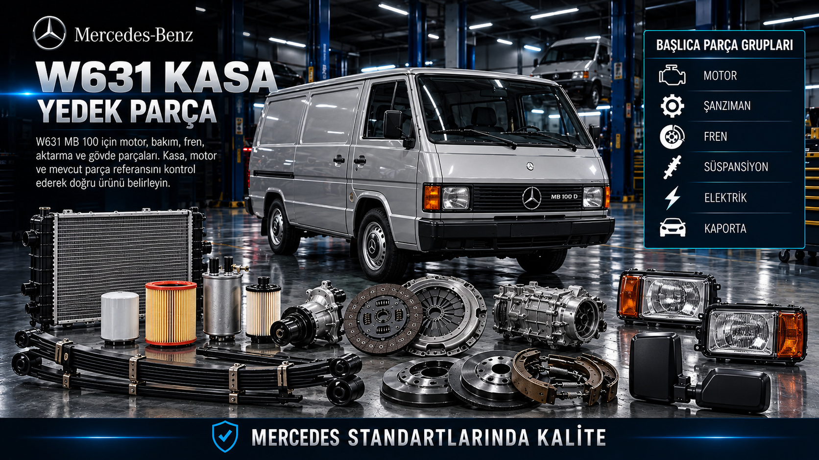 Mercedes-Benz W631 MB 100 için araç ve parça gruplarını gösteren kategori görseli