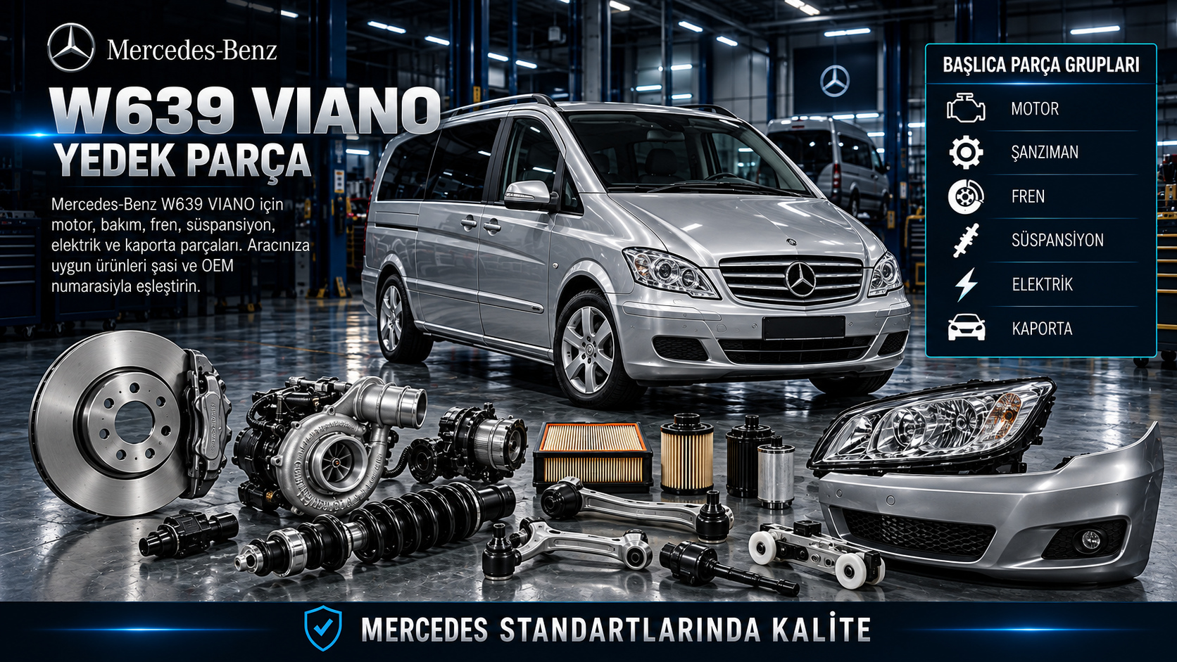 Mercedes-Benz W639 Viano için motor, bakım, fren, süspansiyon ve yolcu kabini parçaları