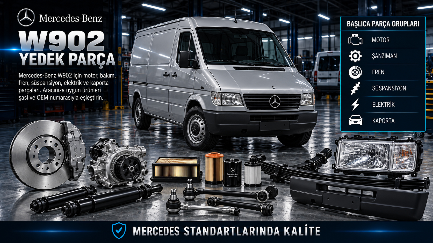 Mercedes-Benz W902 Sprinter için motor, bakım, fren, süspansiyon ve ticari gövde parçaları