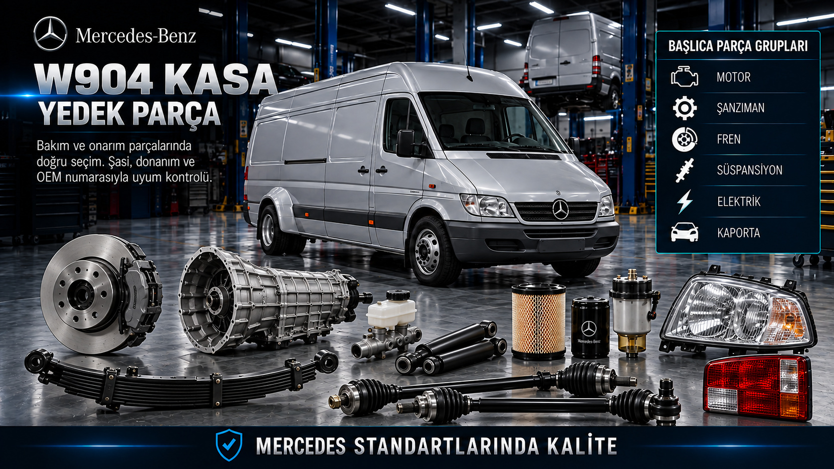 Mercedes W904 Sprinter motor, şanzıman, fren, makas, aktarma ve ticari gövde yedek parçaları